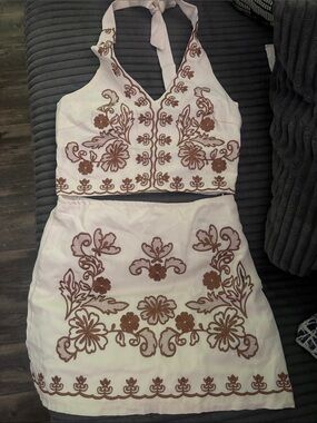 SHEIN White Halter Smocked Crop Top & Embroidered Skirt Set
